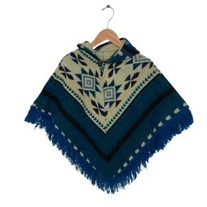 Handmade Kids Geometric Patterned Blue Hooded Poncho 8/10